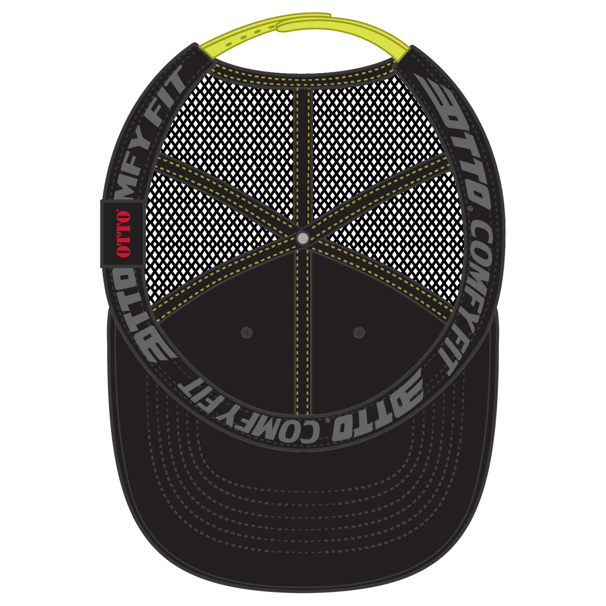 Inside View of 030340 - Blk/Blk/N.Ylw OTTO CAP "OTTO COMFY FIT" 6 Panel Low Profile Mesh Back Trucker Hat