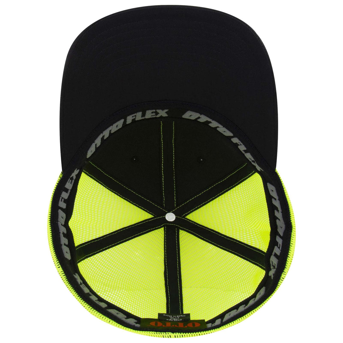 Inside View of 030340 - Blk/Blk/N.Ylw OTTO CAP "OTTO FLEX" Fitted 6 Panel Low Profile Mesh Back Trucker Hat