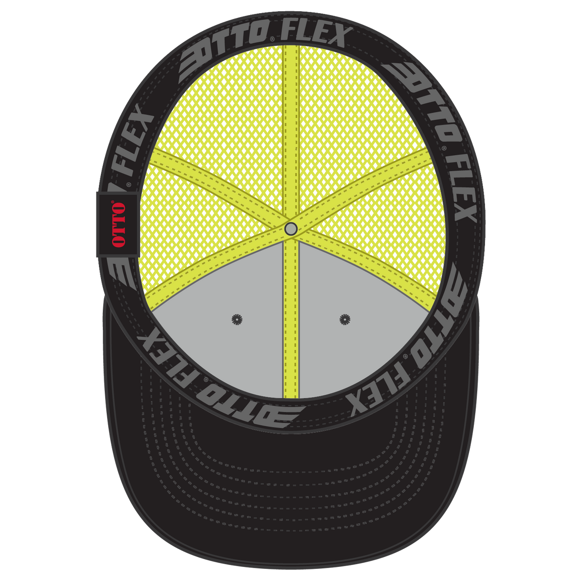 Inside View of 030340 - Blk/Blk/N.Ylw OTTO CAP "OTTO FLEX" Fitted 6 Panel Low Profile Mesh Back Trucker Hat
