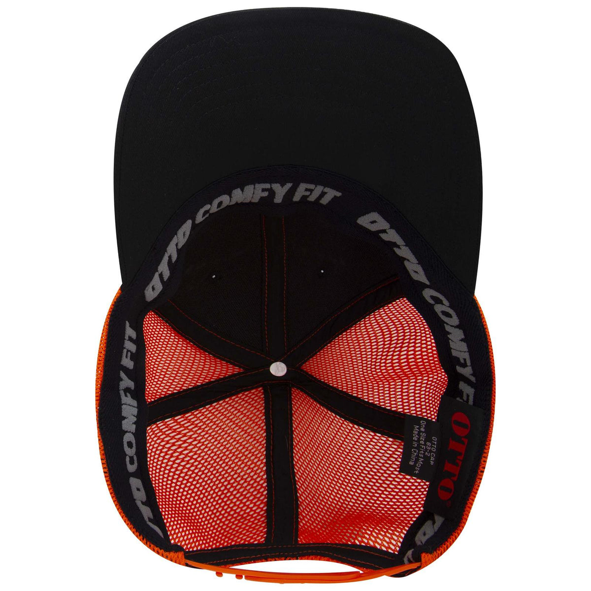 Inside View of 030362 - Blk/Blk/Org OTTO CAP "OTTO COMFY FIT" 6 Panel Low Profile Mesh Back Trucker Hat
