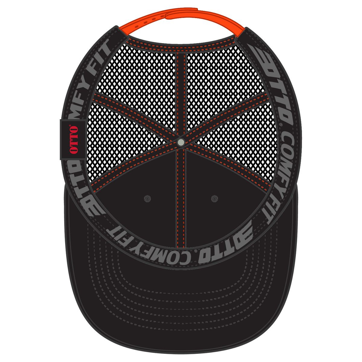 Inside View of 030362 - Blk/Blk/Org OTTO CAP "OTTO COMFY FIT" 6 Panel Low Profile Mesh Back Trucker Hat