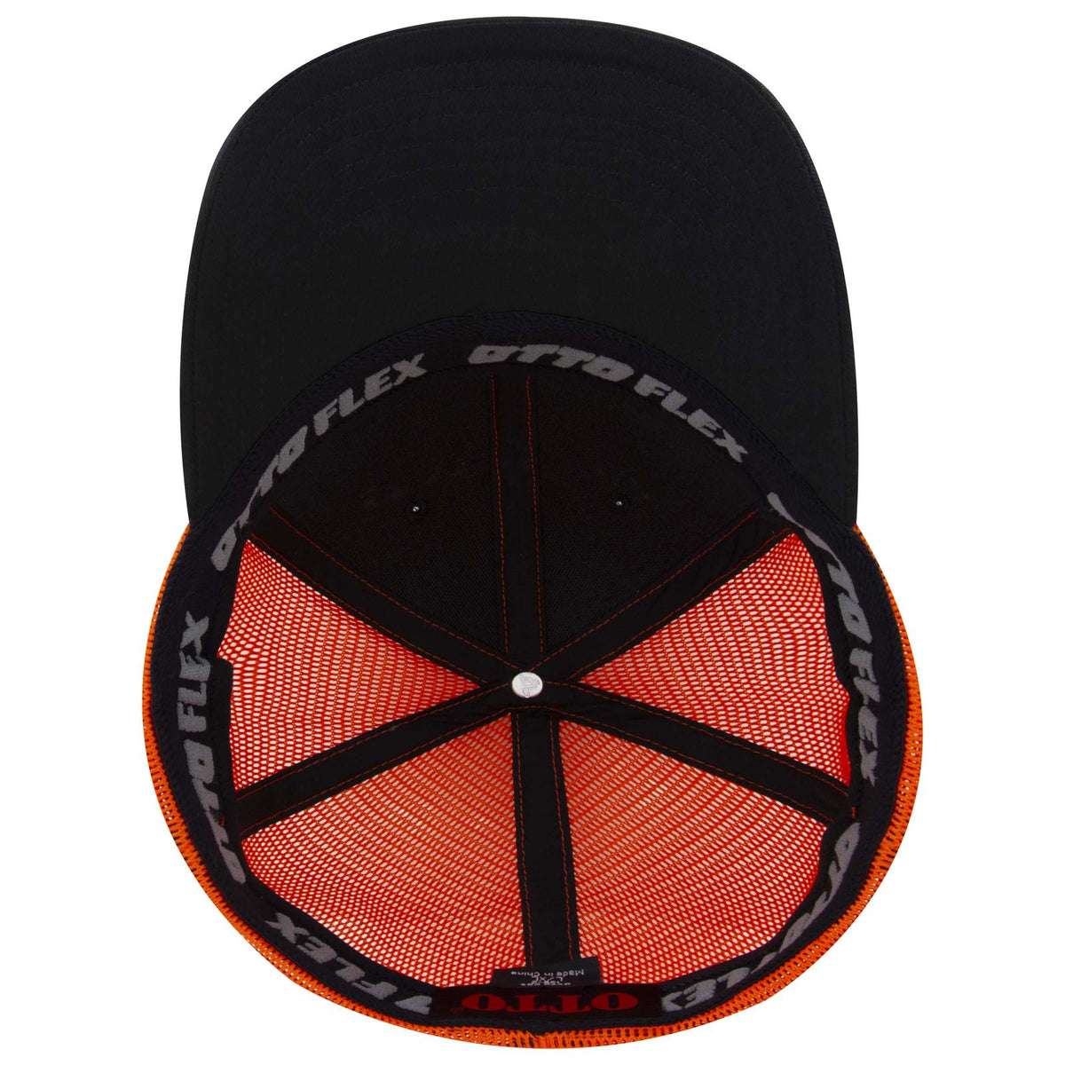 Inside View of 030362 - Blk/Blk/Org OTTO CAP "OTTO FLEX" Fitted 6 Panel Low Profile Mesh Back Trucker Hat
