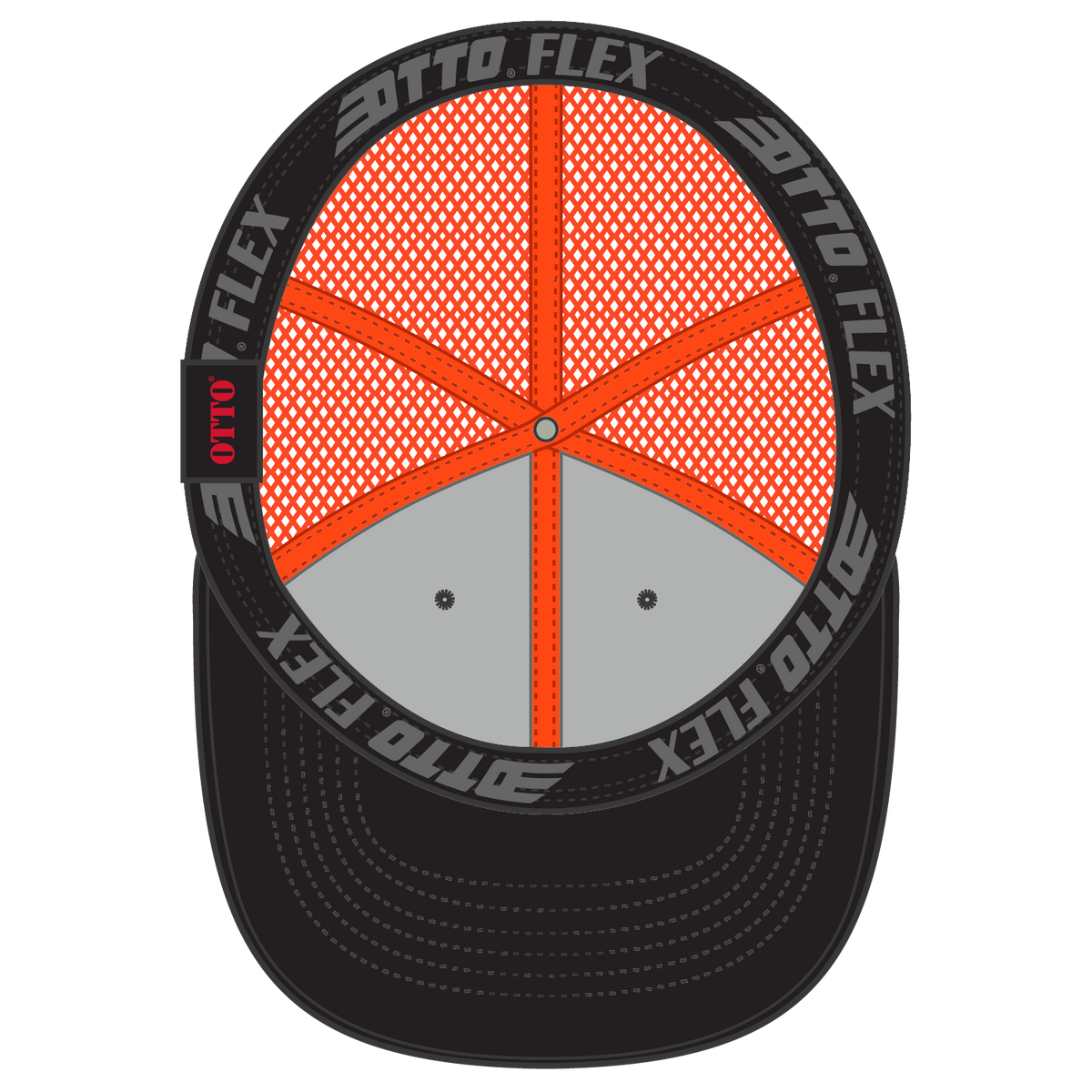 Inside View of 030362 - Blk/Blk/Org OTTO CAP "OTTO FLEX" Fitted 6 Panel Low Profile Mesh Back Trucker Hat