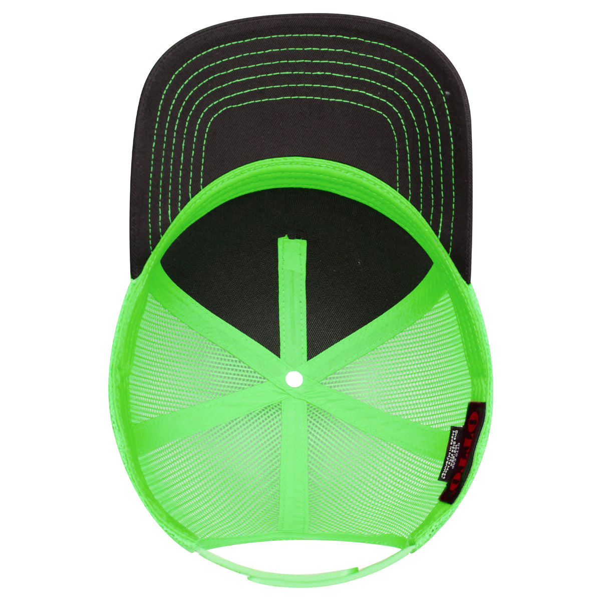 Inside View of 030388 - Blk/Blk/N.Grn OTTO CAP 5 Panel Low Profile Mesh Back Trucker Hat