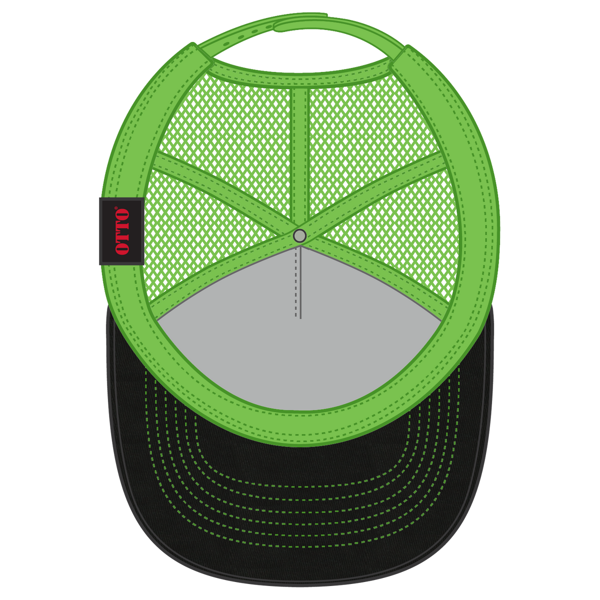 Inside View of 030388 - Blk/Blk/N.Grn OTTO CAP 5 Panel Low Profile Mesh Back Trucker Hat