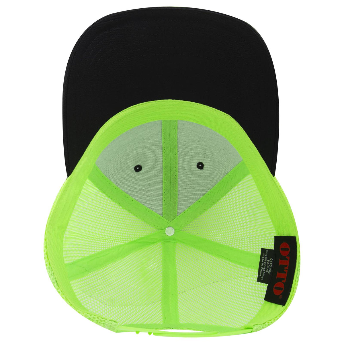 Inside View of 030388 - Blk/Blk/N.Grn OTTO CAP 6 Panel Low Profile Mesh Back Trucker Hat
