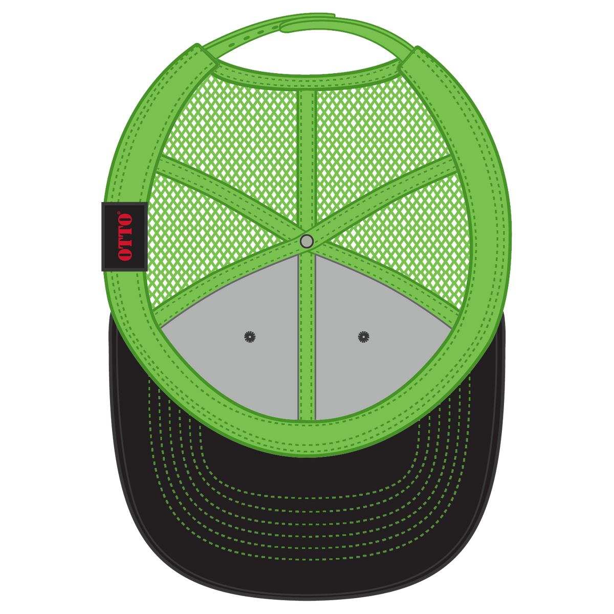 Inside View of 030388 - Blk/Blk/N.Grn OTTO CAP 6 Panel Mid Profile Mesh Back Trucker Hat