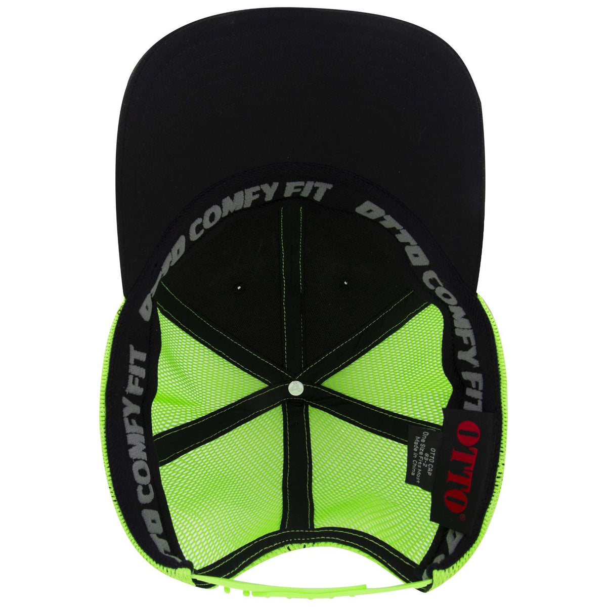 Inside View of 030388 - Blk/Blk/N.Grn OTTO CAP "OTTO COMFY FIT" 6 Panel Low Profile Mesh Back Trucker Hat