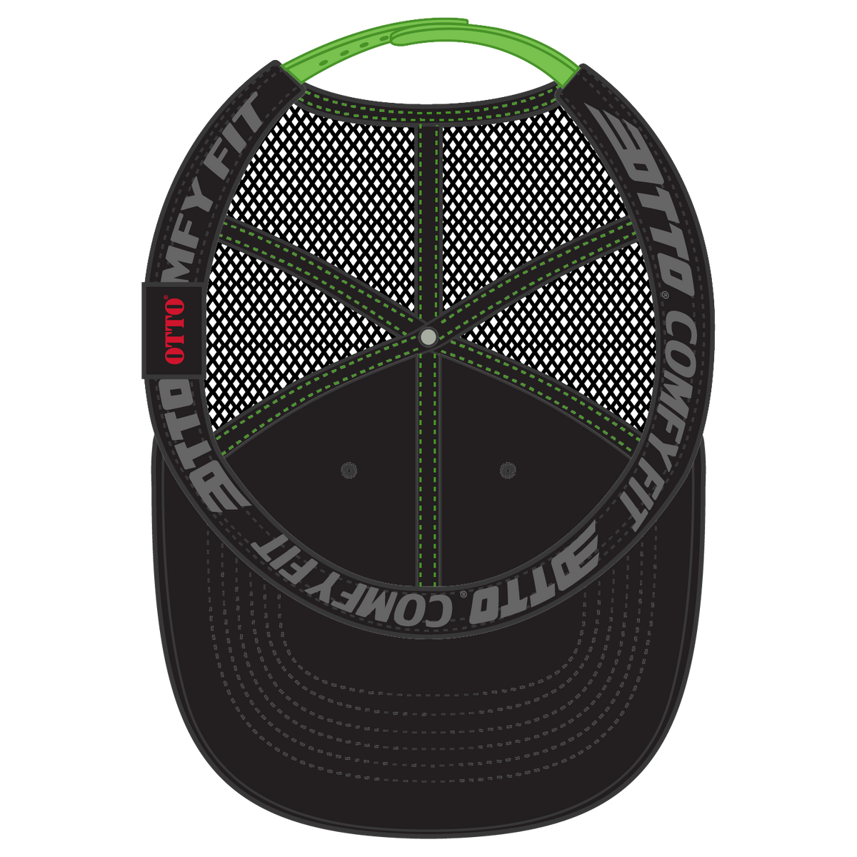 Inside View of 030388 - Blk/Blk/N.Grn OTTO CAP "OTTO COMFY FIT" 6 Panel Low Profile Mesh Back Trucker Hat