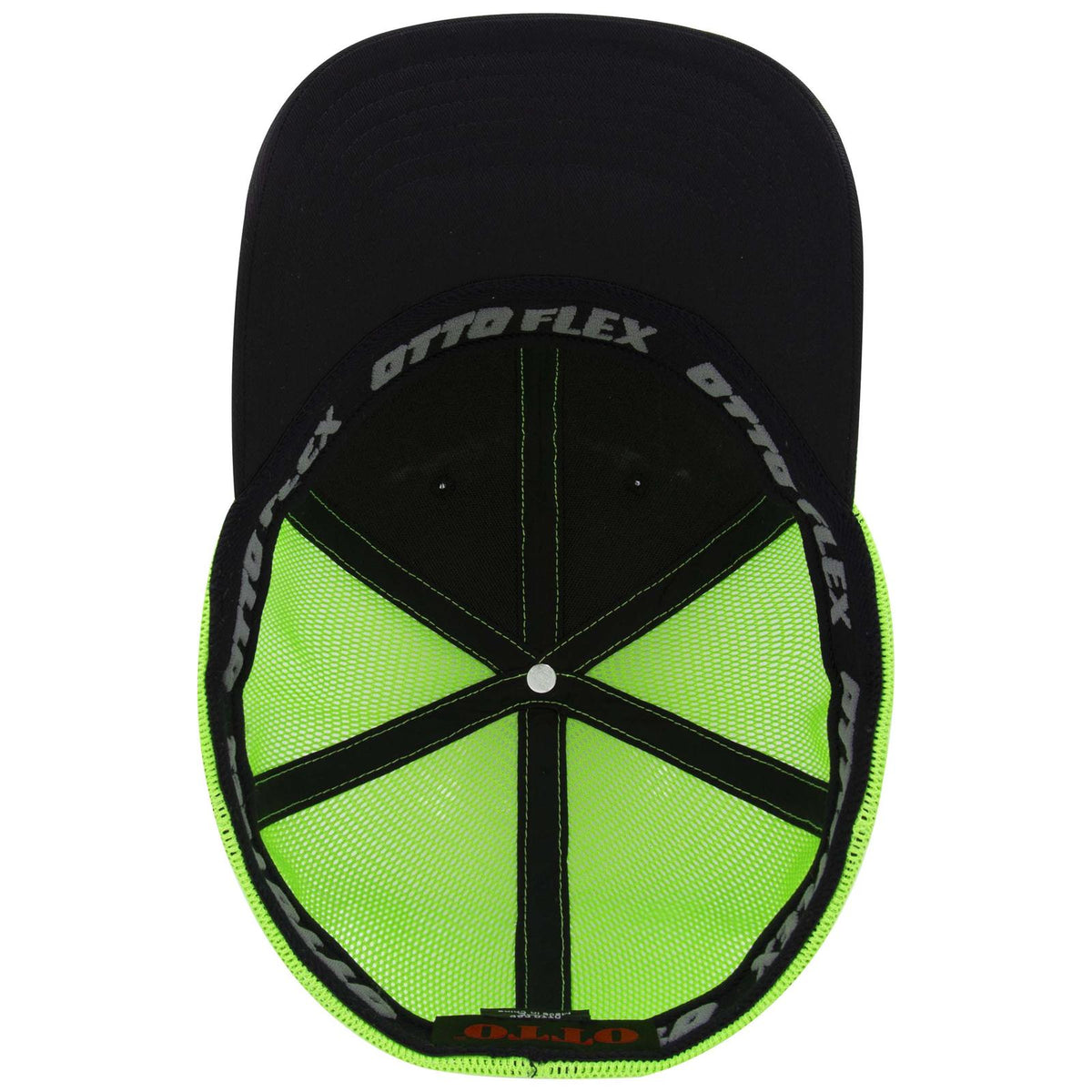 Inside View of 030388 - Blk/Blk/N.Grn OTTO CAP "OTTO FLEX" Fitted 6 Panel Low Profile Mesh Back Trucker Hat