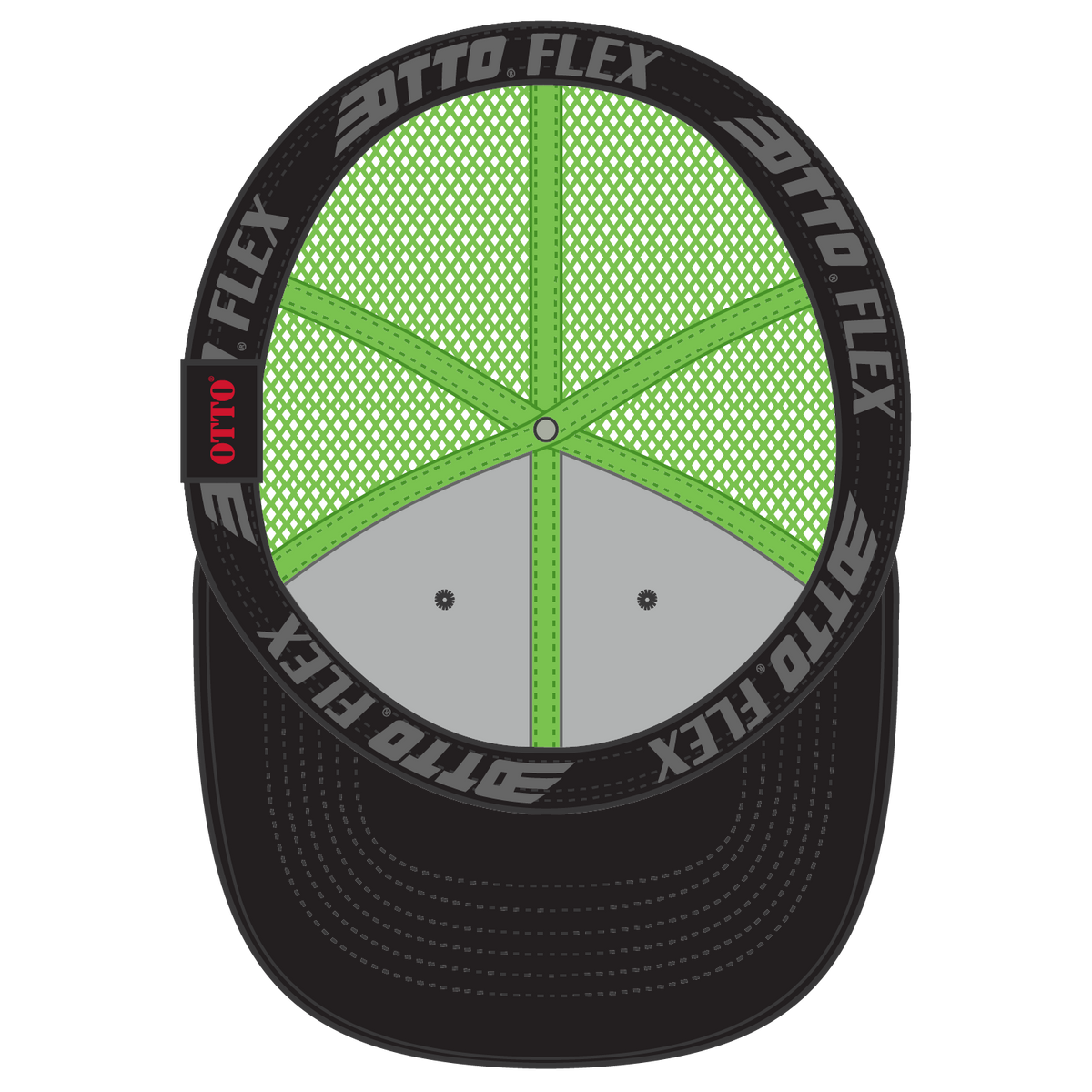 Inside View of 030388 - Blk/Blk/N.Grn OTTO CAP "OTTO FLEX" Fitted 6 Panel Low Profile Mesh Back Trucker Hat