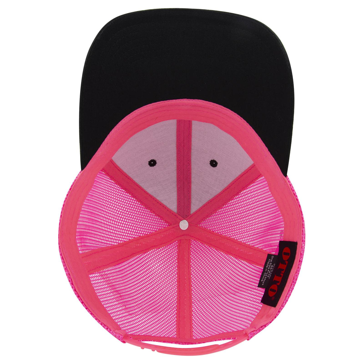 Inside View of 030389 - Blk/Blk/N.Pnk OTTO CAP 6 Panel Low Profile Mesh Back Trucker Hat