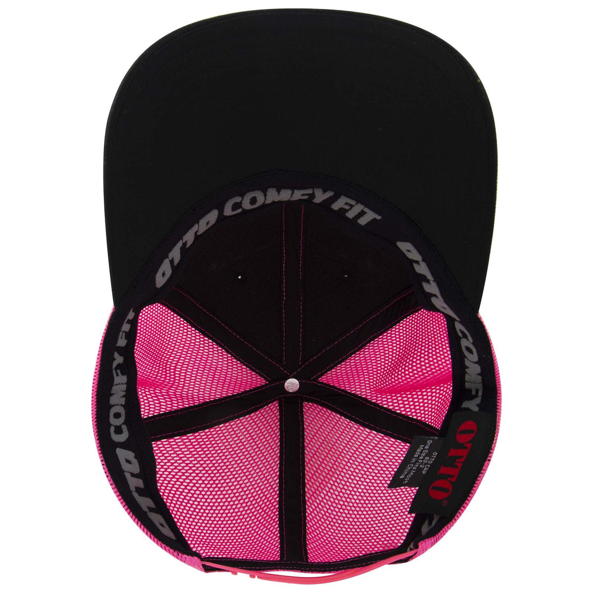 Inside View of 030389 - Blk/Blk/N.Pnk OTTO CAP "OTTO COMFY FIT" 6 Panel Low Profile Mesh Back Trucker Hat