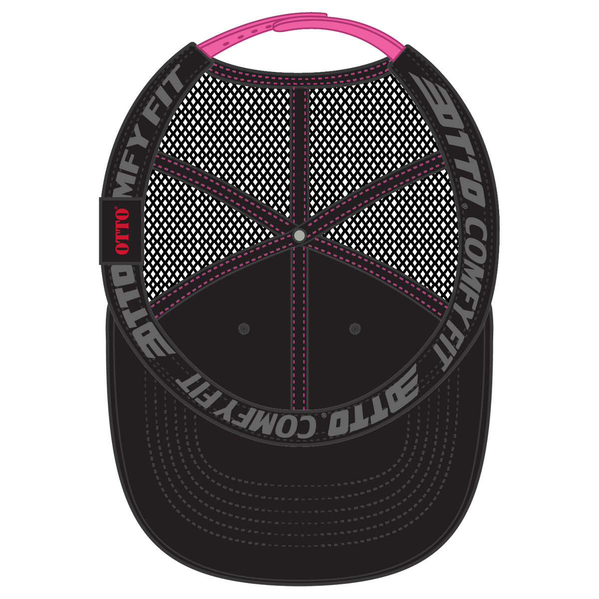 Inside View of 030389 - Blk/Blk/N.Pnk OTTO CAP "OTTO COMFY FIT" 6 Panel Low Profile Mesh Back Trucker Hat