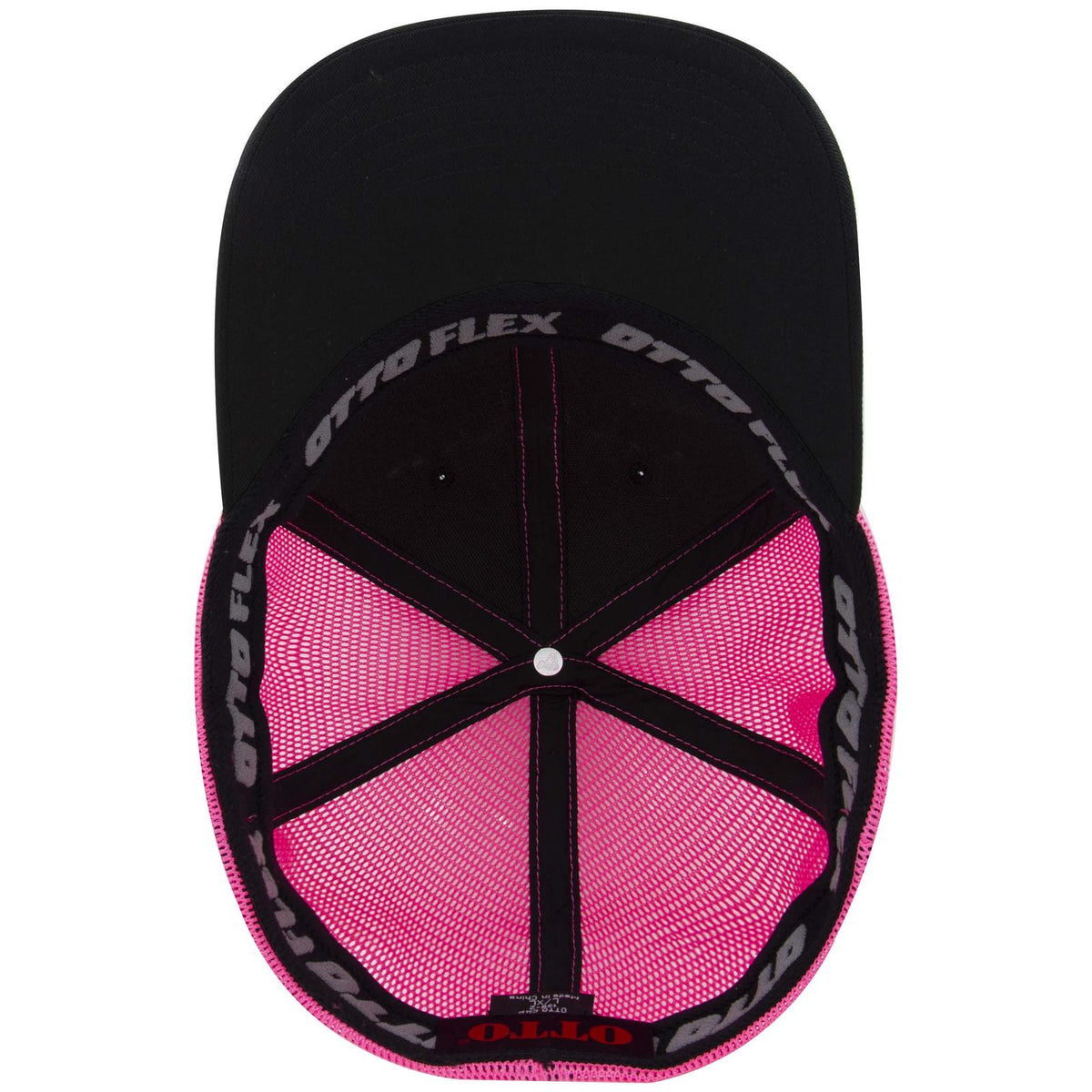 Inside View of 030389 - Blk/Blk/N.Pnk OTTO CAP "OTTO FLEX" Fitted 6 Panel Low Profile Mesh Back Trucker Hat