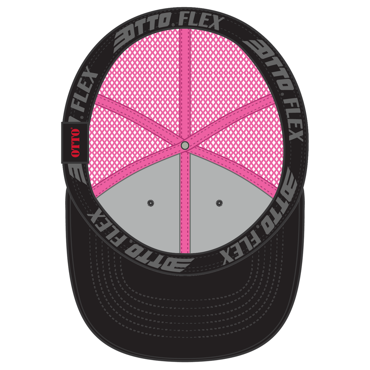 Inside View of 030389 - Blk/Blk/N.Pnk OTTO CAP "OTTO FLEX" Fitted 6 Panel Low Profile Mesh Back Trucker Hat