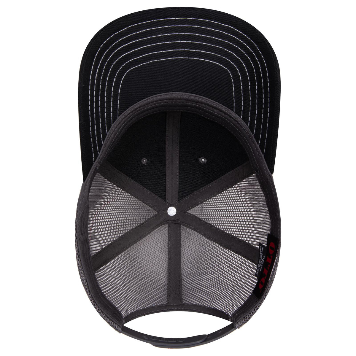 Inside View of 032525 - Blk/Ch.Gry/Ch.Gry OTTO CAP 6 Panel Mid Profile Mesh Back Trucker Hat