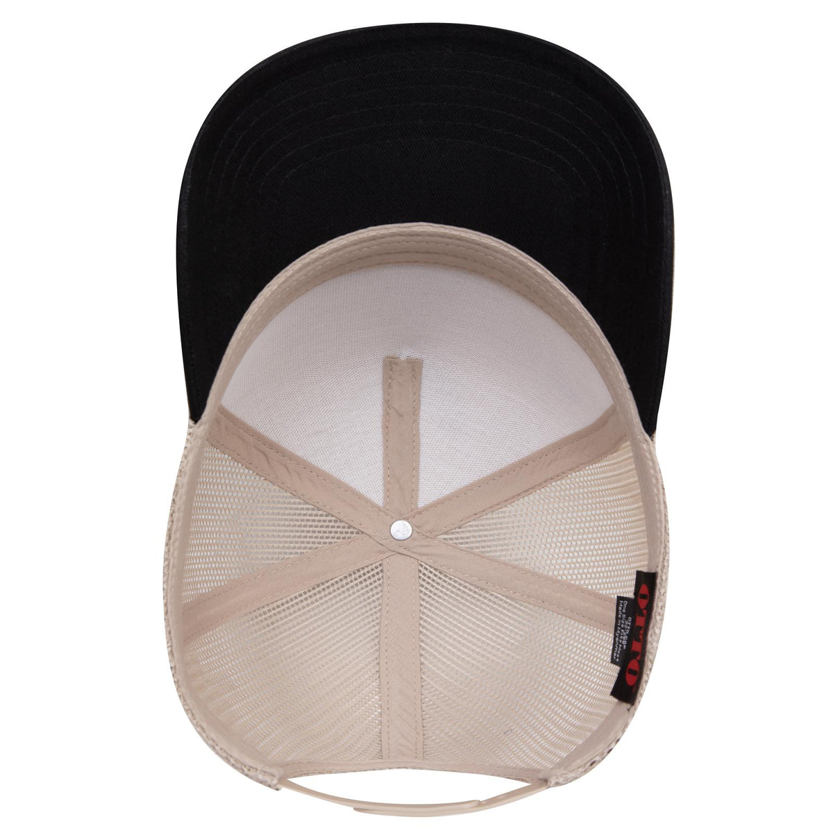 Inside View of 0332 - Blk/Kha OTTO CAP 5 Panel Mid Profile Mesh Back Trucker Hat