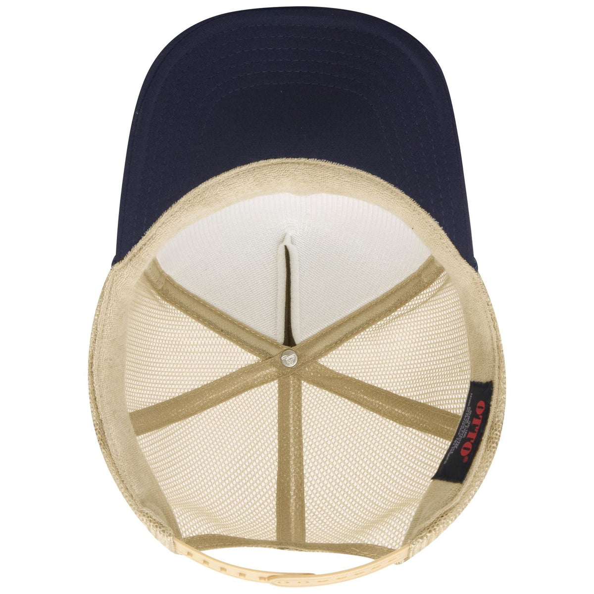 Inside View of 040432 - Nvy/Nvy/Kha OTTO CAP 5 Panel High Crown Mesh Back Trucker Hat