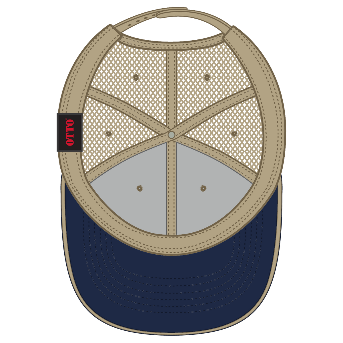 Inside View of 043232 - Nvy/Kha/Kha OTTO CAP 6 Panel Low Profile Mesh Back Trucker Hat