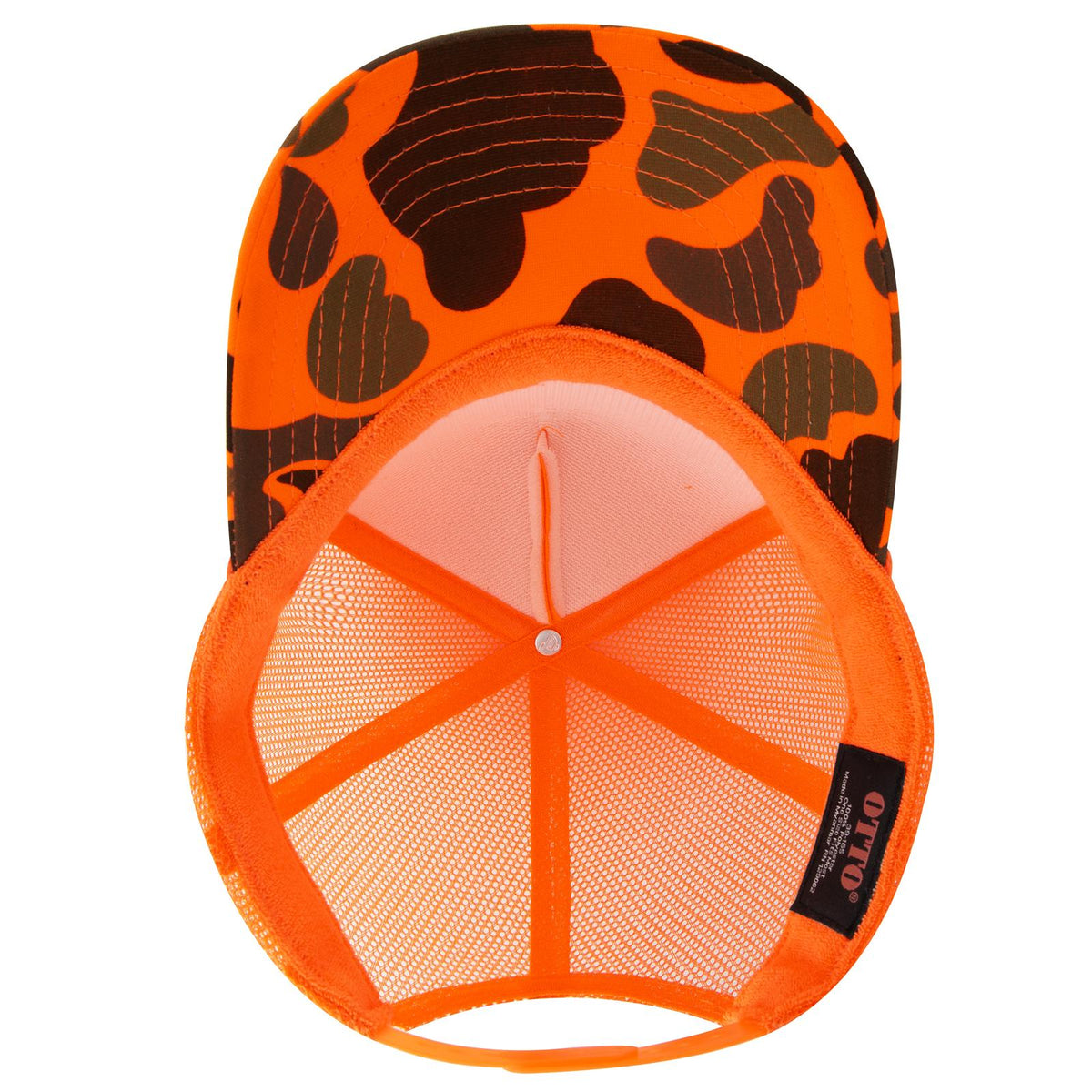 Inside View of 0909CPA - N.Org/Camo OTTO CAP 5 Panel High Crown Mesh Back Trucker Hat