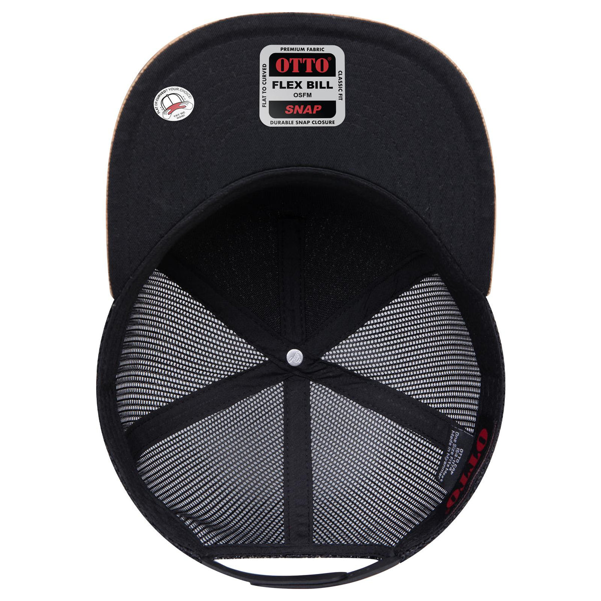 Inside View of 11203B - Cork/Blk OTTO CAP "OTTO SNAP" 5 Panel Pro Style Mesh Back Trucker Snapback Hat