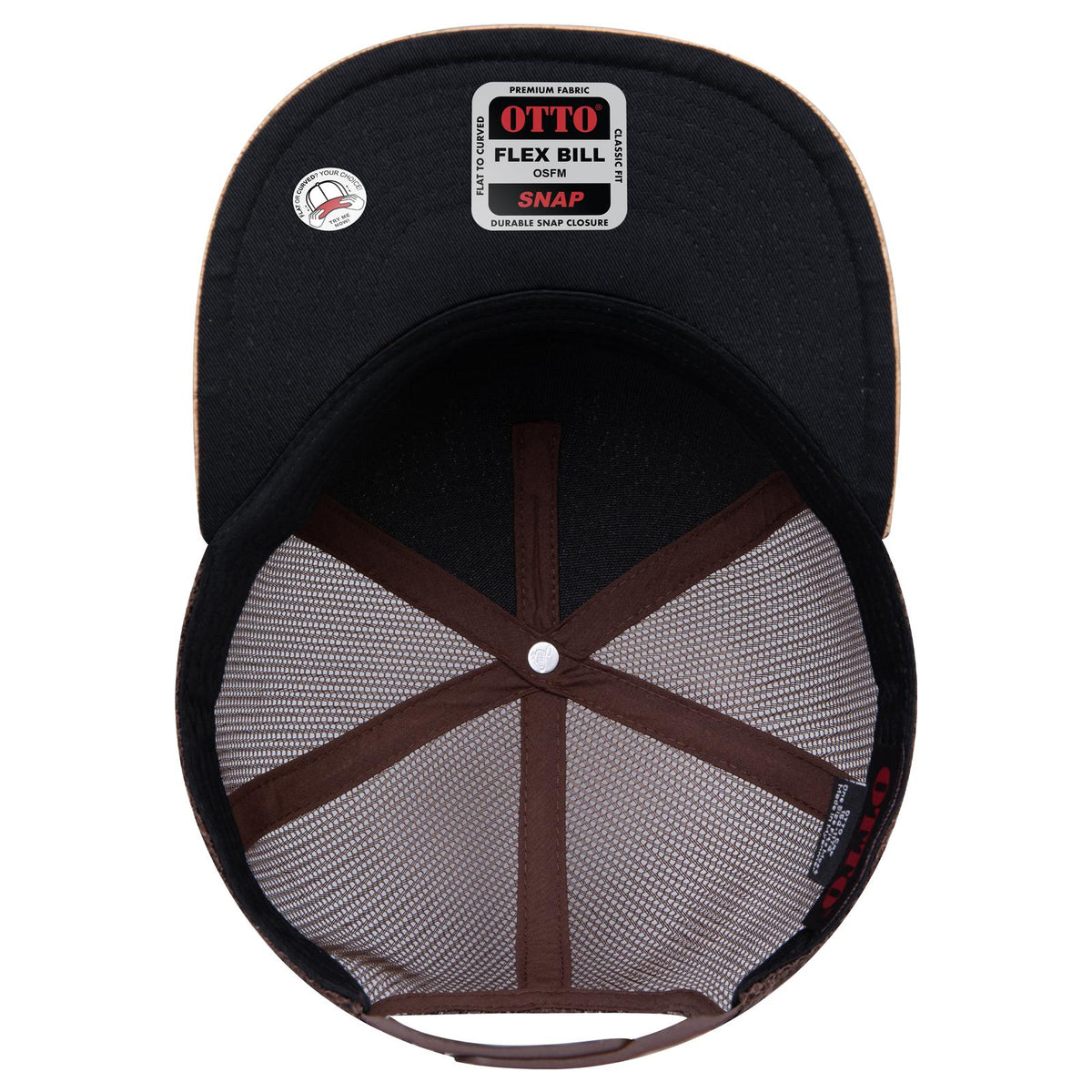 Inside View of 11207B - Cork/Brn OTTO CAP "OTTO SNAP" 5 Panel Pro Style Mesh Back Trucker Snapback Hat