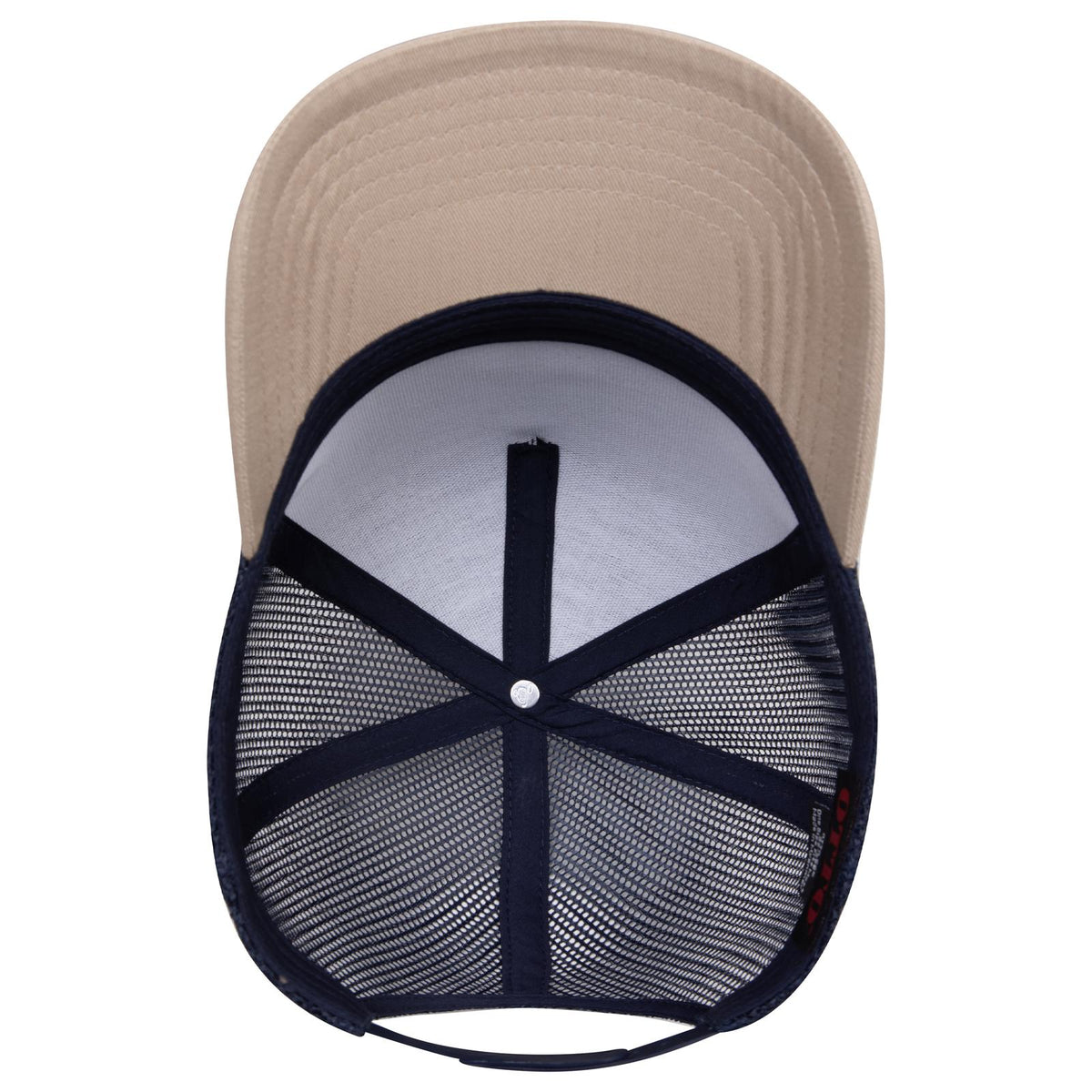 Inside View of 3204 - Kha/Nvy OTTO CAP 5 Panel Mid Profile Mesh Back Trucker Hat