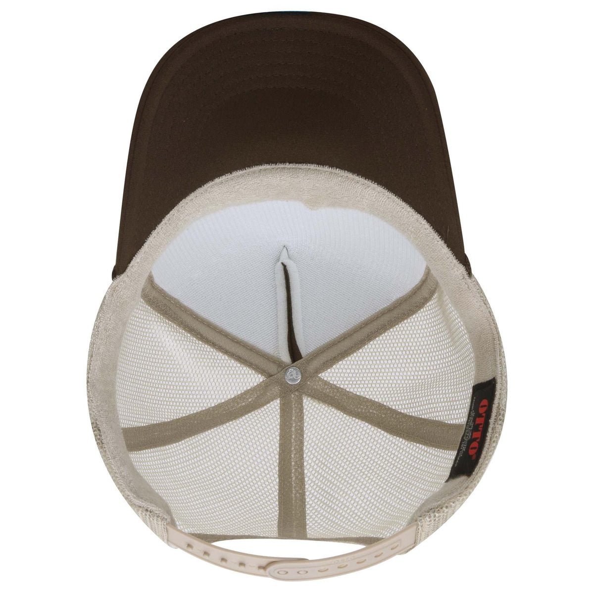 Inside View of 393932 - Dk.Brn/Dk.Brn/Kha OTTO CAP 5 Panel High Crown Mesh Back Trucker Hat