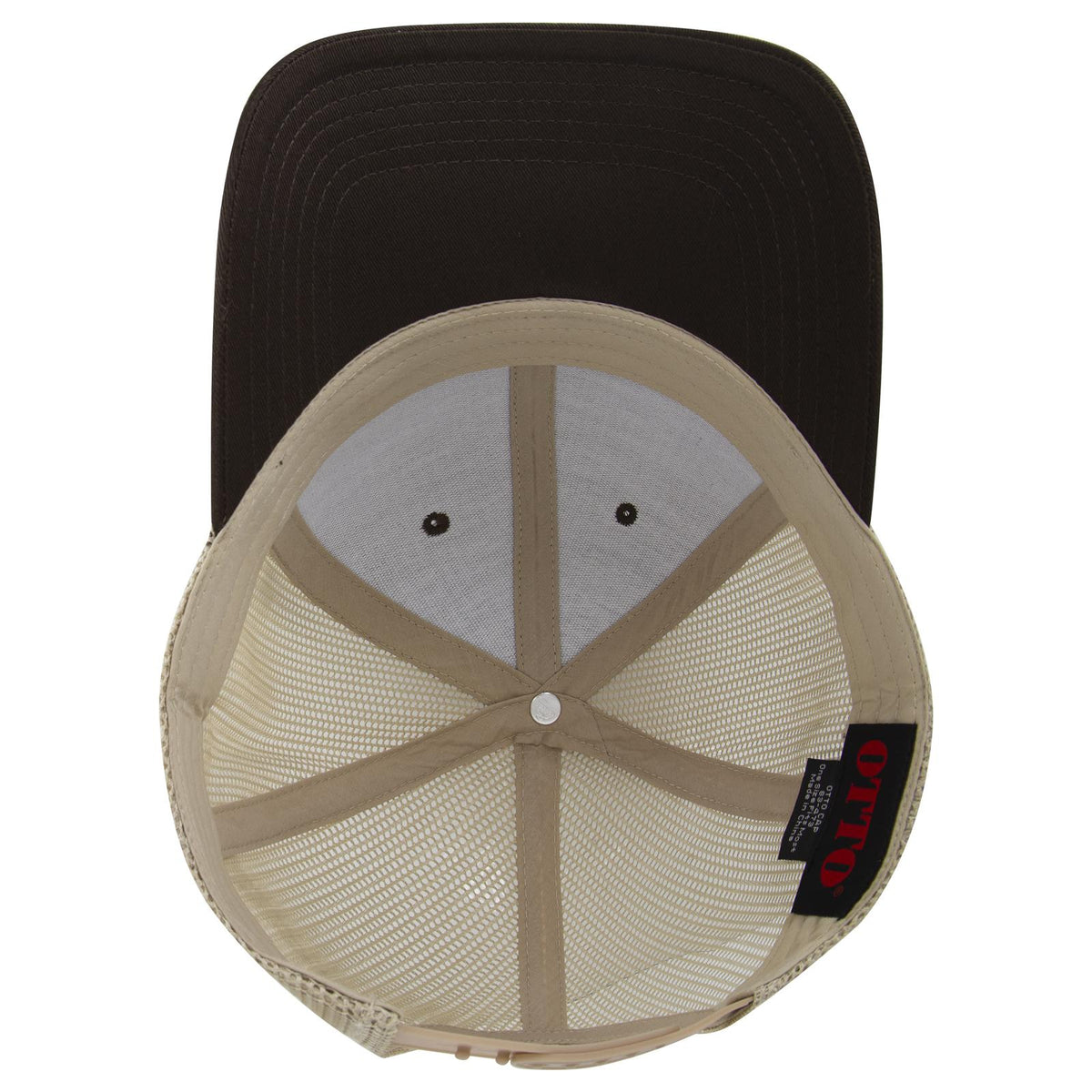 Inside View of 393932 - Dk.Brn/Dk.Brn/Kha OTTO CAP 6 Panel Low Profile Mesh Back Trucker Hat