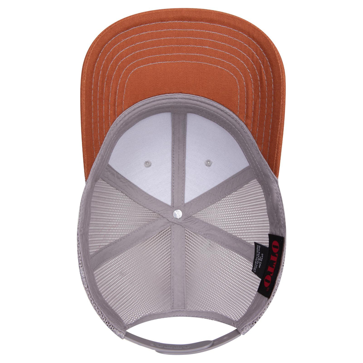 Inside View of 447414 - Tx.Org/H.Gry/Gry OTTO CAP 6 Panel Mid Profile Mesh Back Trucker Hat