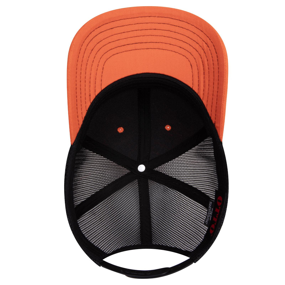Inside View of 626203 - Org/Org/Blk OTTO CAP 6 Panel Mid Profile Mesh Back Trucker Hat