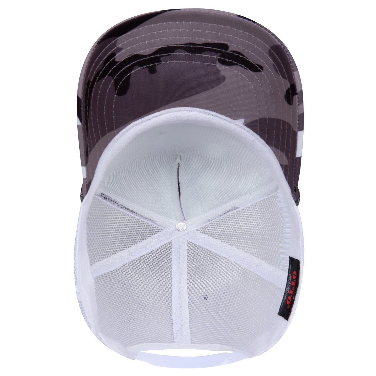 Inside View of CP34A16 - Snow Camo/Wht OTTO CAP 5 Panel High Crown Mesh Back Trucker Hat