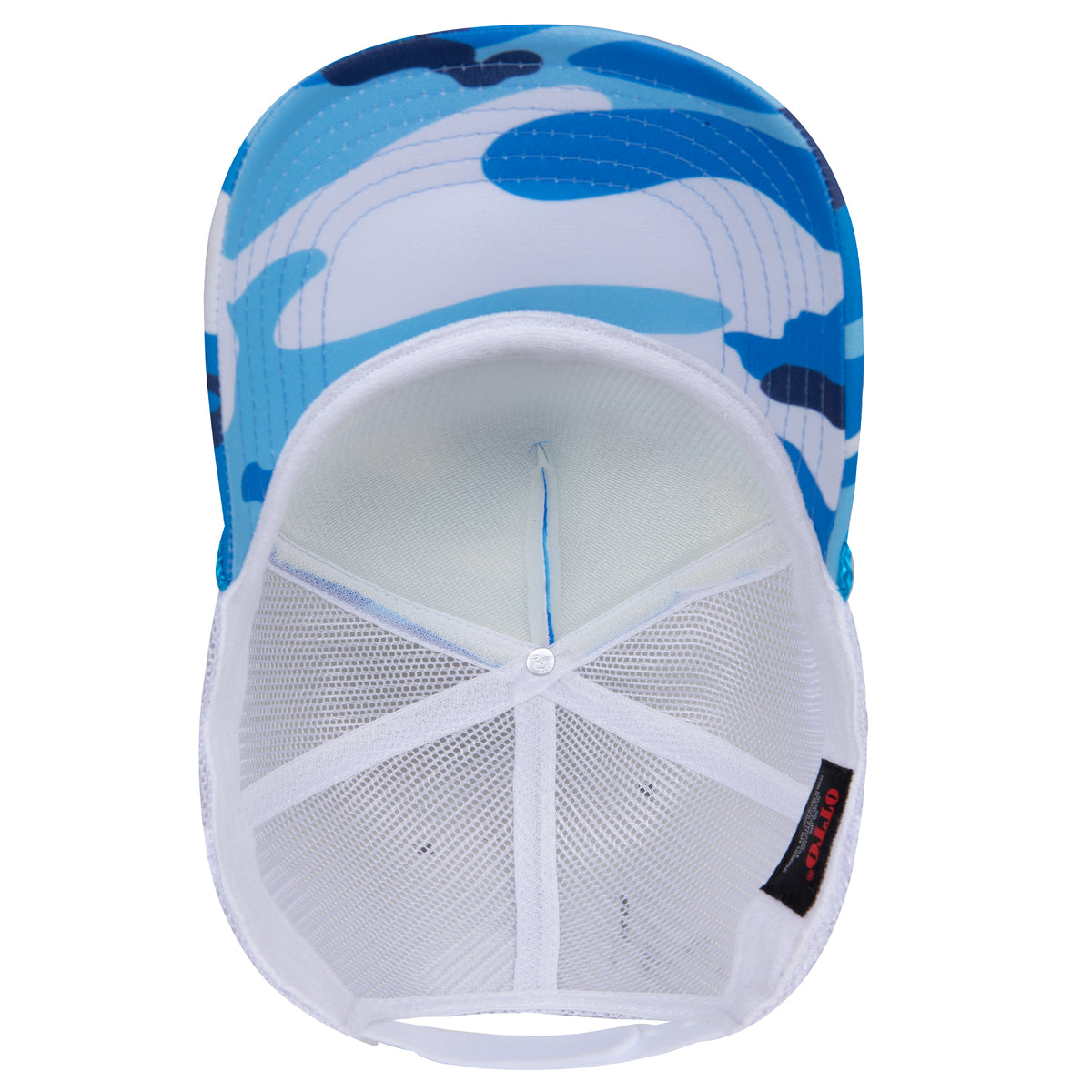 Inside View of CP34B16 - Sky Camo/Wht OTTO CAP 5 Panel High Crown Mesh Back Trucker Hat
