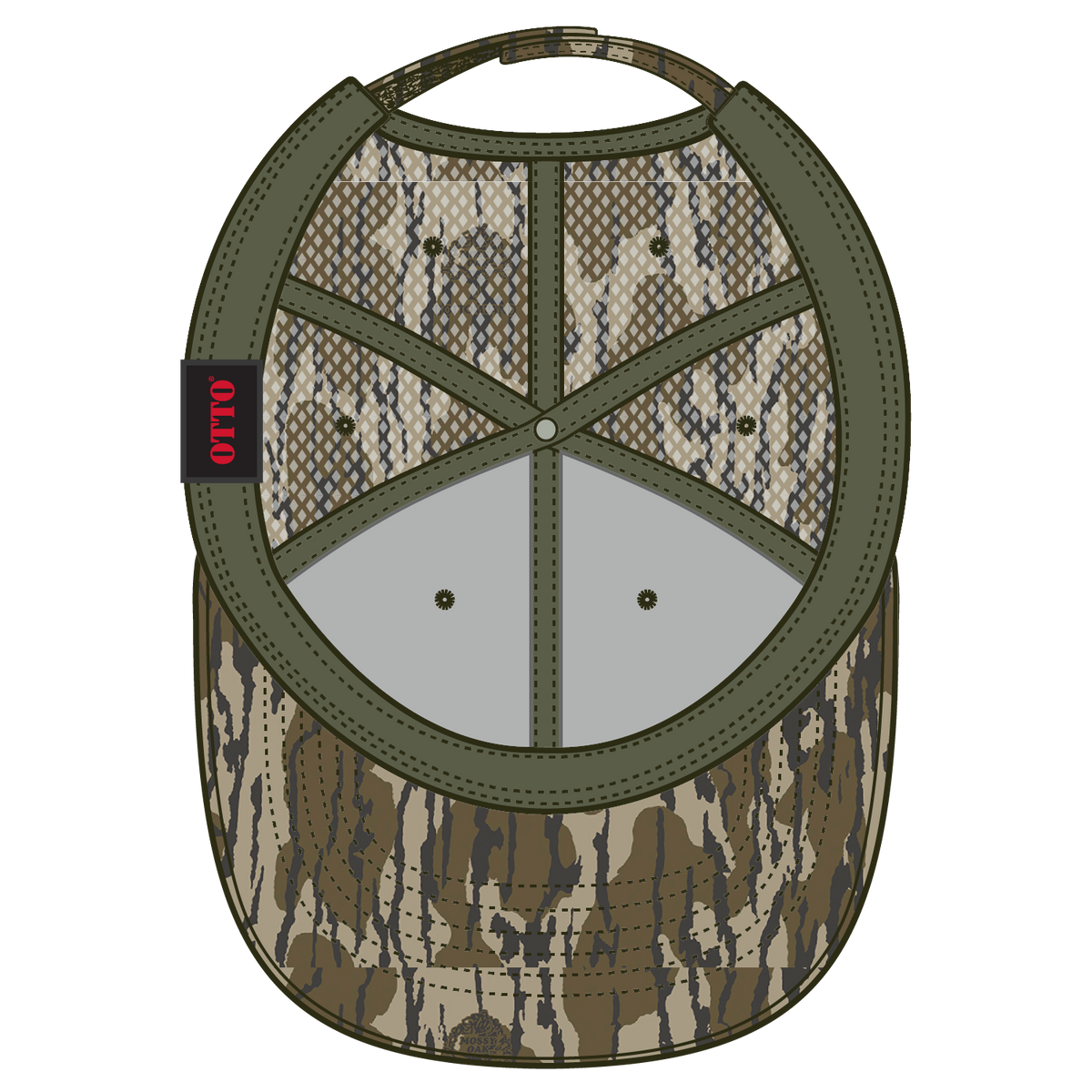 Inside View of MO11 - Bottomland OTTO CAP Mossy Oak Camouflage Superior Polyester Twill 6 Panel Low Profile Mesh Back Trucker Hat