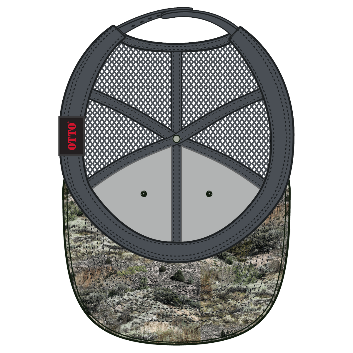 Inside View of MO525 - Mountain Country Range/Ch.Gry OTTO CAP Mossy Oak Camouflage 6 Panel Low Profile Mesh Back Trucker Hat