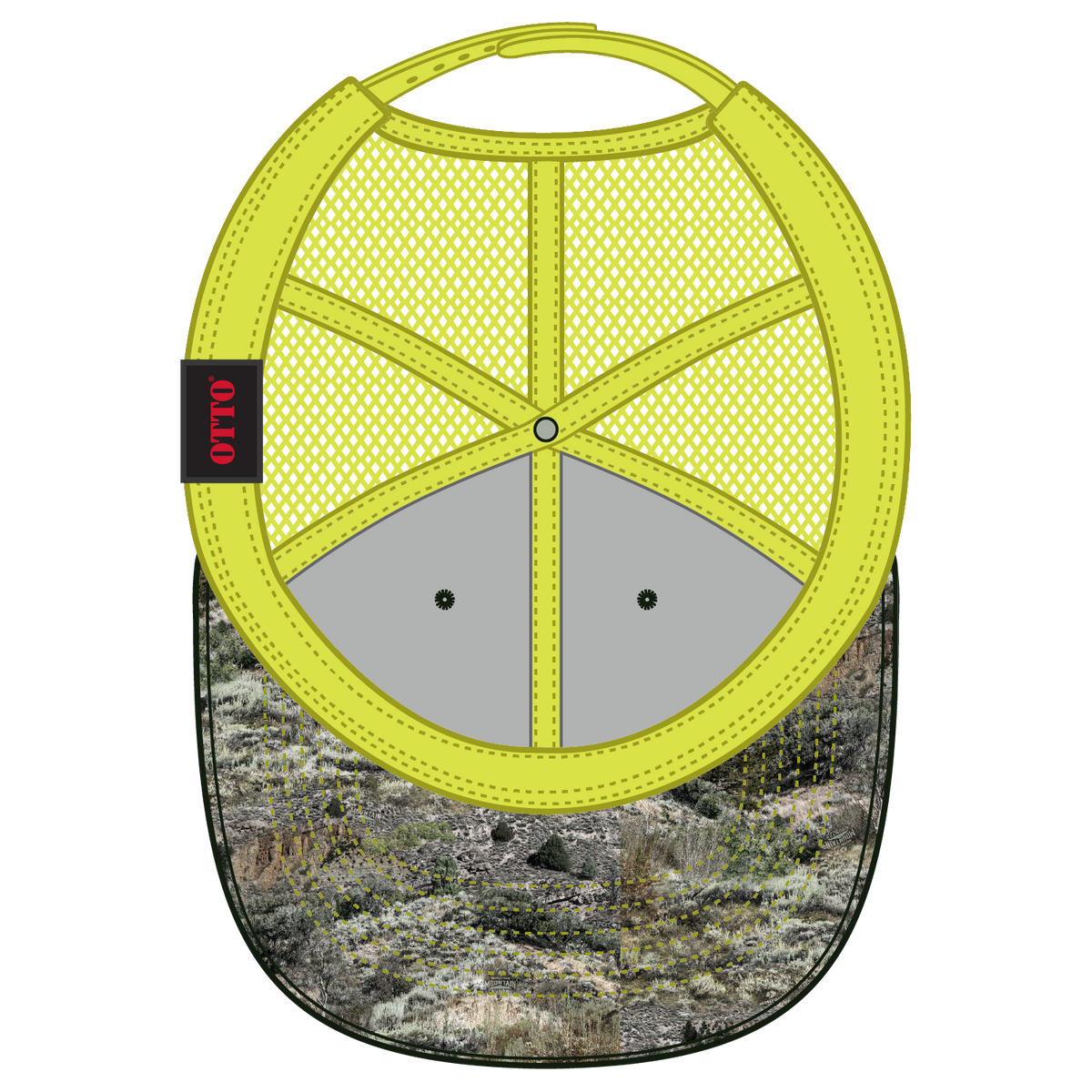 Inside View of MO540 - Mountain Country Range/N.Ylw OTTO CAP Mossy Oak Camouflage 6 Panel Low Profile Mesh Back Trucker Hat