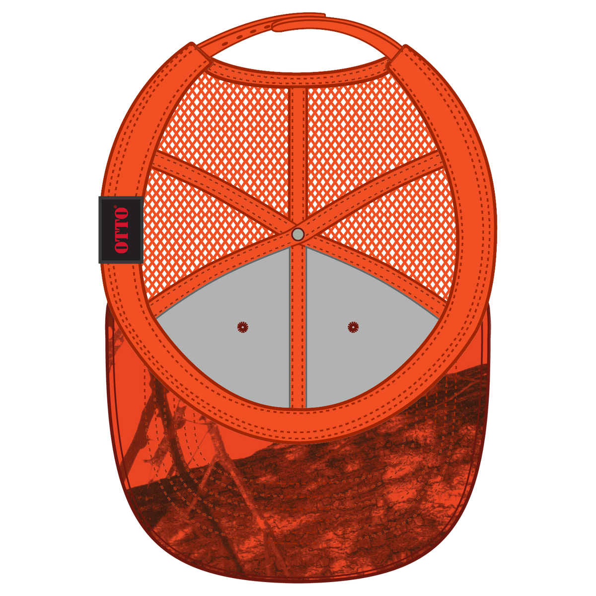 Inside View of MO609 - Blaze/N.Org OTTO CAP Mossy Oak Camouflage 6 Panel Low Profile Mesh Back Trucker Hat