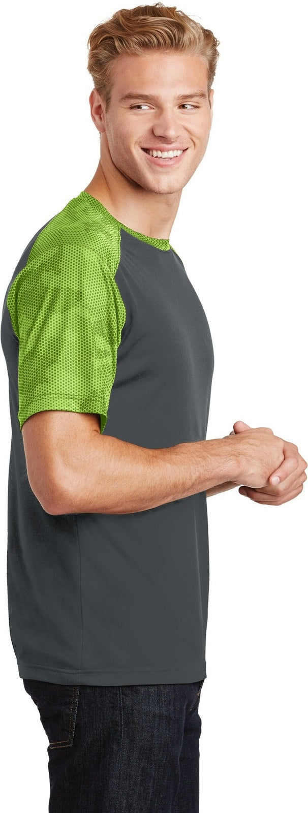Iron Gry/LimeS Sport-Tek CamoHex Colorblock Tee. ST371