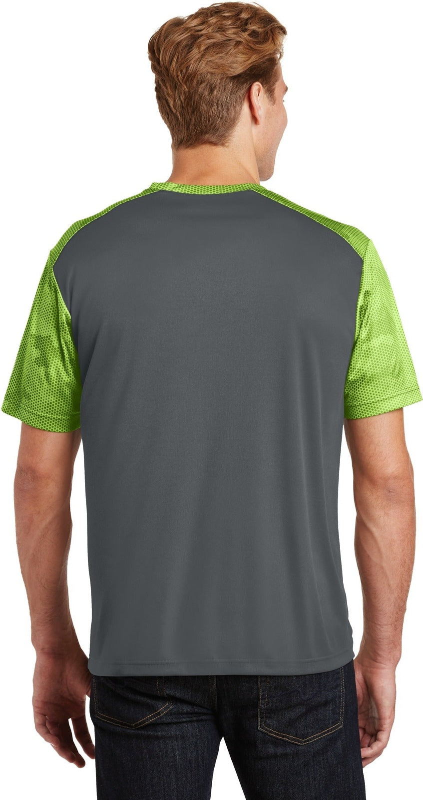Iron Gry/LimeS Sport-Tek CamoHex Colorblock Tee. ST371