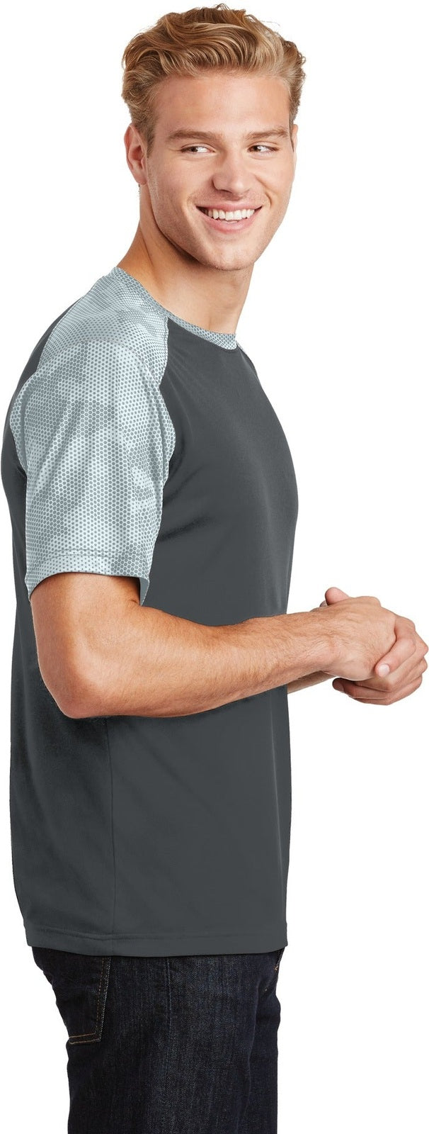 Iron Gry/White Sport-Tek CamoHex Colorblock Tee. ST371