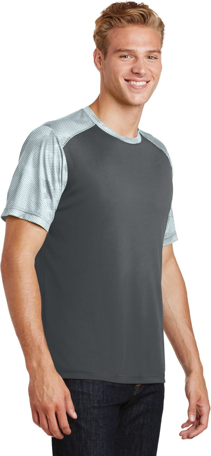 Iron Gry/White Sport-Tek CamoHex Colorblock Tee. ST371