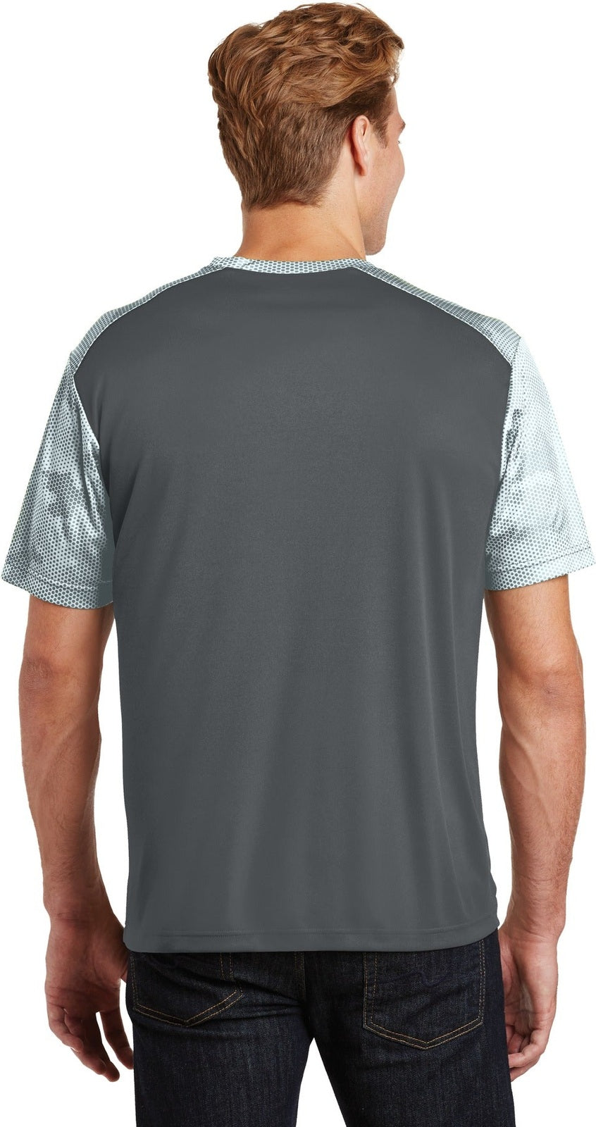 Iron Gry/White Sport-Tek CamoHex Colorblock Tee. ST371