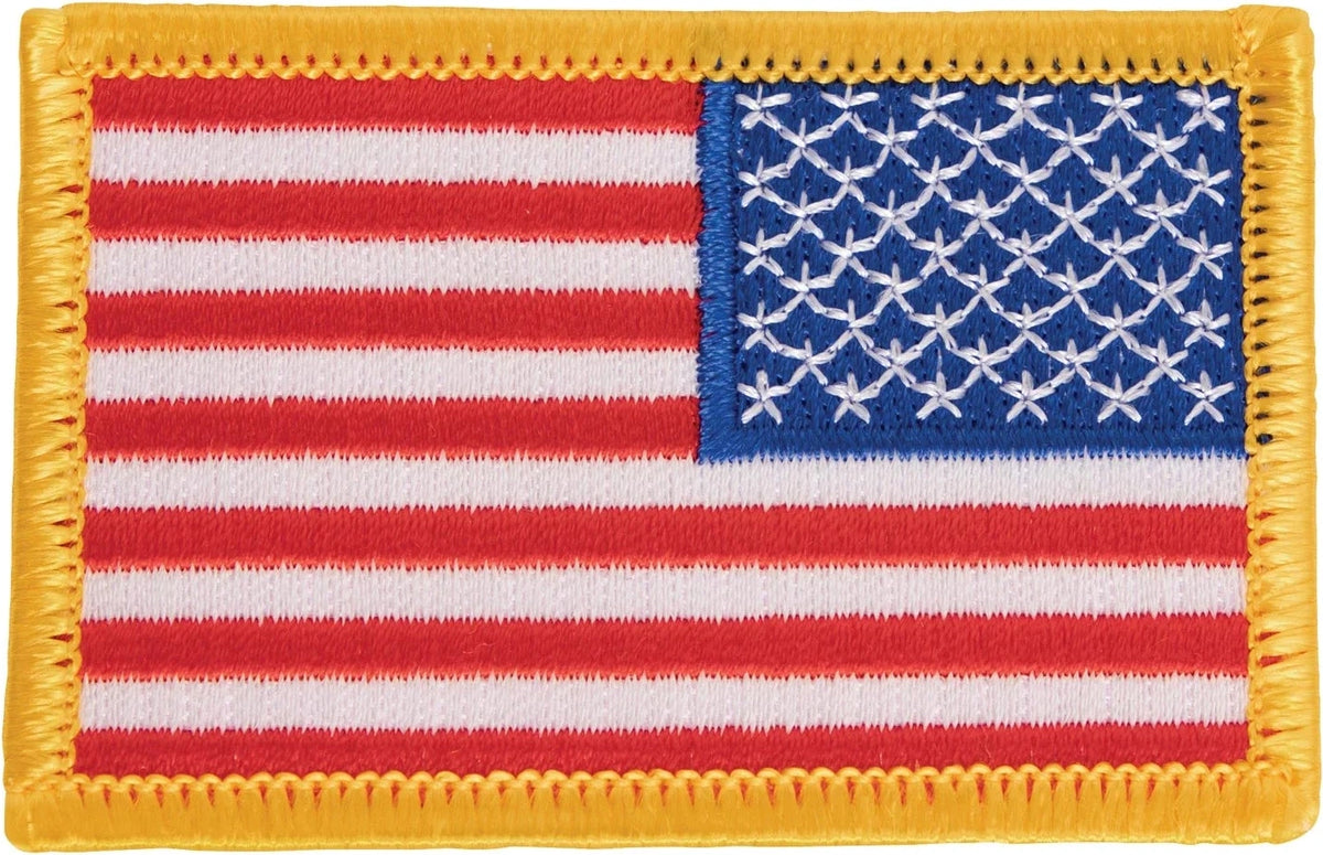Iron on / Sew Embroidered us Flag Patch - Red White Blue with Yellow Border / Reverse