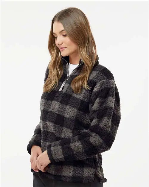 J. America 8451 Women’s Epic Sherpa Quarter-zip Pullover - Black Charcoal Buffalo
