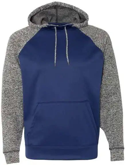 J. America 8612 Colorblocked Cosmic Fleece Hooded Sweatshirt Navy Charcoal Fleck