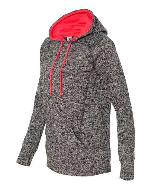 J. America 8616 Womens Cosmic Fleece Hooded Sweatshirt - Charcoal Fleck Fire Coral
