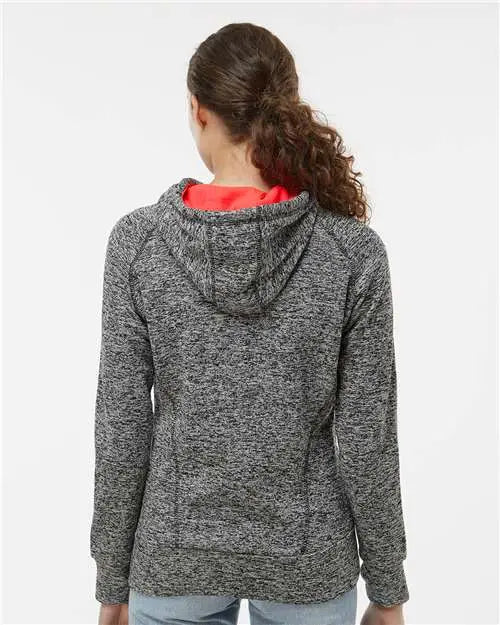 J. America 8616 Women’s Cosmic Fleece Hooded Sweatshirt - Charcoal Fleck Fire Coral