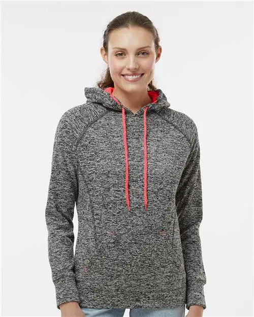 J. America 8616 Women’s Cosmic Fleece Hooded Sweatshirt - Charcoal Fleck Fire Coral