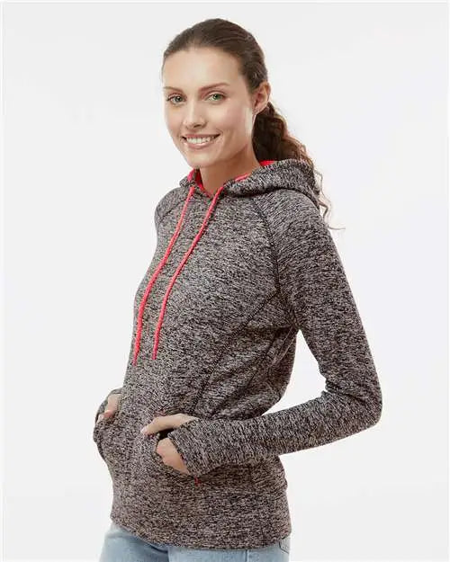 J. America 8616 Women’s Cosmic Fleece Hooded Sweatshirt - Charcoal Fleck Fire Coral